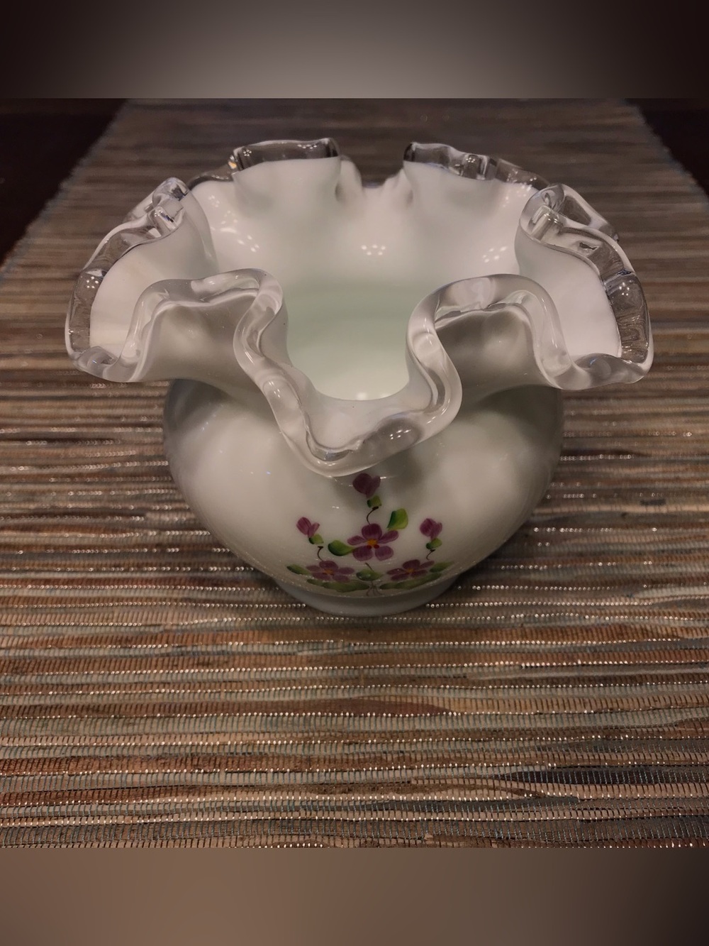 VTG Fenton Silver Crest Violets White Ruffled Glass Vase